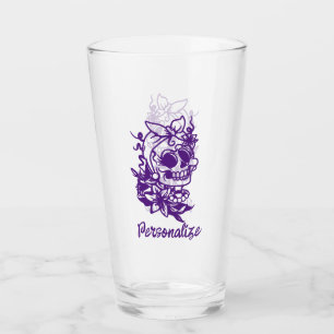 Cute Funny Gothic Skull Flowers Purple Personalise Glass