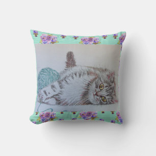 Cute Funny Gray Tabby Cat Kitten with Wool Cushion