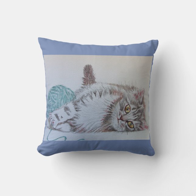 Cute Funny Gray Tabby Cat Kitten with Wool Cushion (Front)