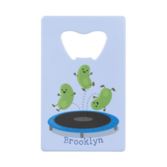 Cute funny green beans on trampoline cartoon (Front)