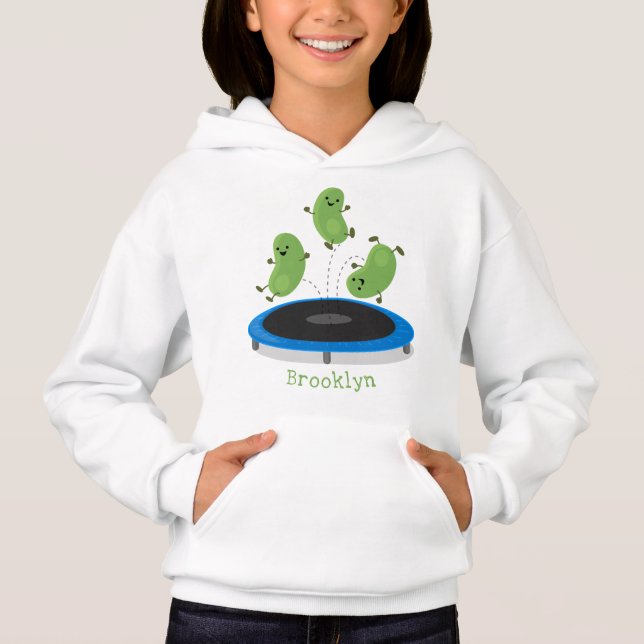 Cute funny green beans on trampoline cartoon (Front)