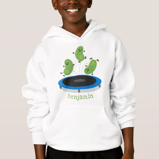 Cute funny green beans on trampoline cartoon (Front)