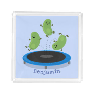 Cute funny green beans on trampoline cartoon acrylic tray