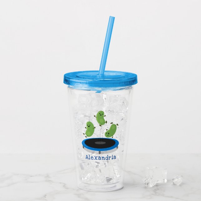 Cute funny green beans on trampoline cartoon acrylic tumbler (Back Ice)