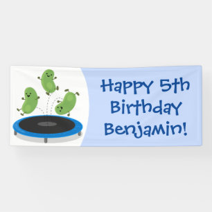 Cute funny green beans on trampoline cartoon banner