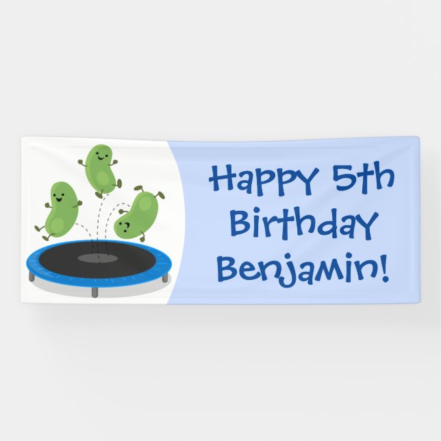 Cute funny green beans on trampoline cartoon banner (Horizontal)