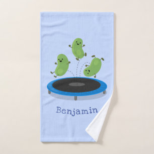 Cute funny green beans on trampoline cartoon bath towel set