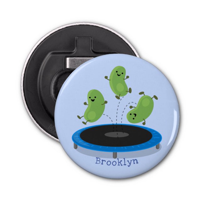 Cute funny green beans on trampoline cartoon bottle opener (Front)