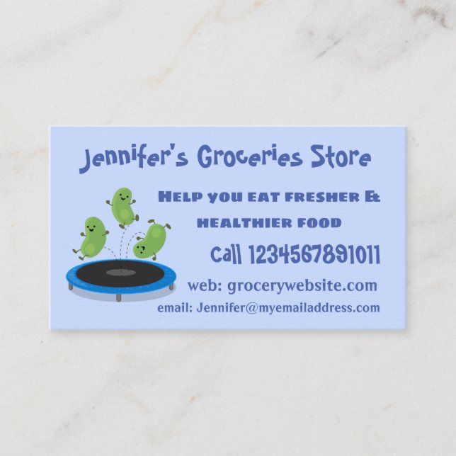 Cute funny green beans on trampoline cartoon business card (Front)