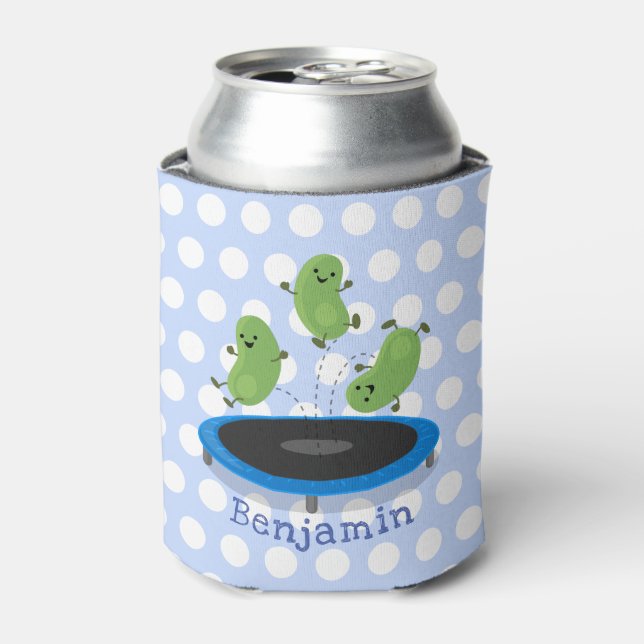 Cute funny green beans on trampoline cartoon can cooler (Can Front)