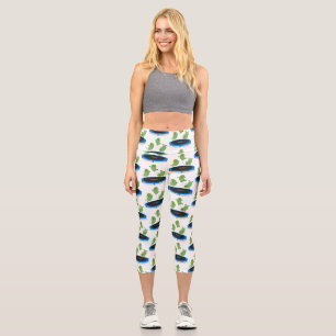 Cute funny green beans on trampoline cartoon capri leggings