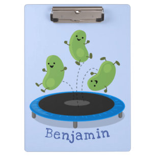 Cute funny green beans on trampoline cartoon clipboard