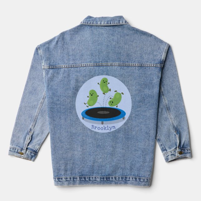 Cute funny green beans on trampoline cartoon denim jacket (Back)