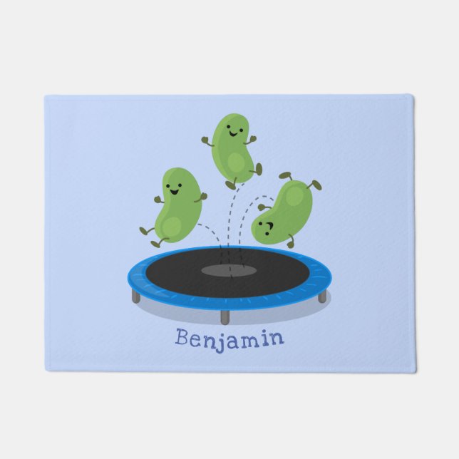 Cute funny green beans on trampoline cartoon doormat (Front)