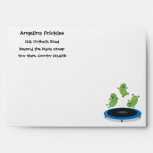 Cute funny green beans on trampoline cartoon envelope