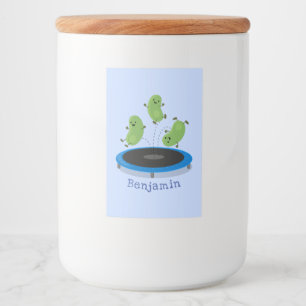 Cute funny green beans on trampoline cartoon food label