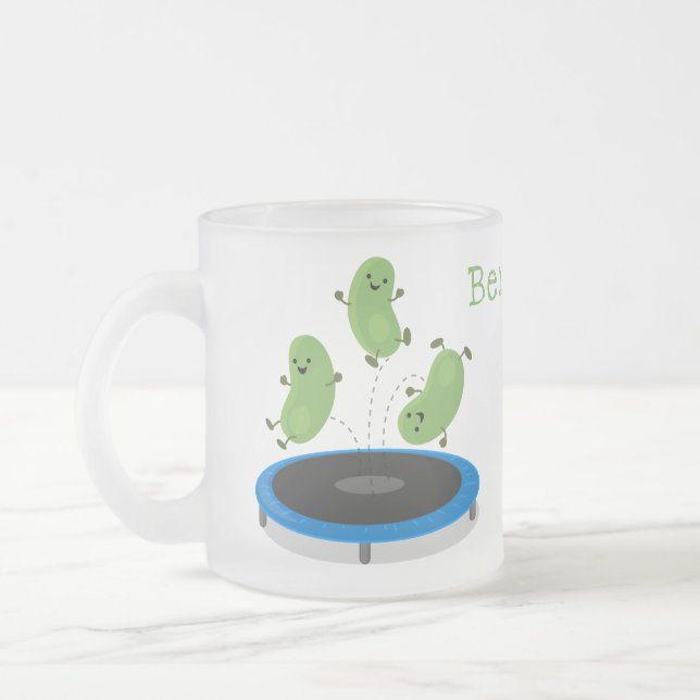 Cute funny green beans on trampoline cartoon frosted glass coffee mug (Left)