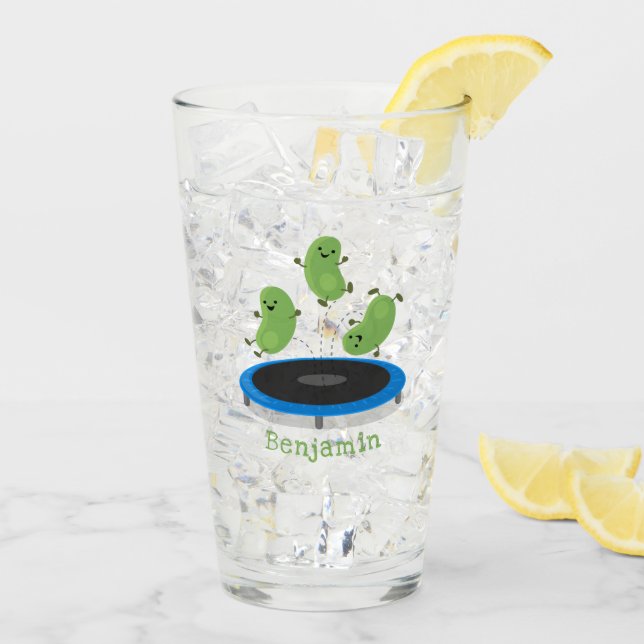 Cute funny green beans on trampoline cartoon glass (Back Ice)