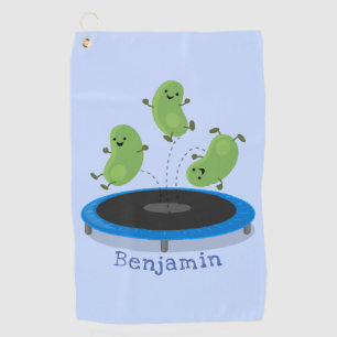 Cute funny green beans on trampoline cartoon golf towel