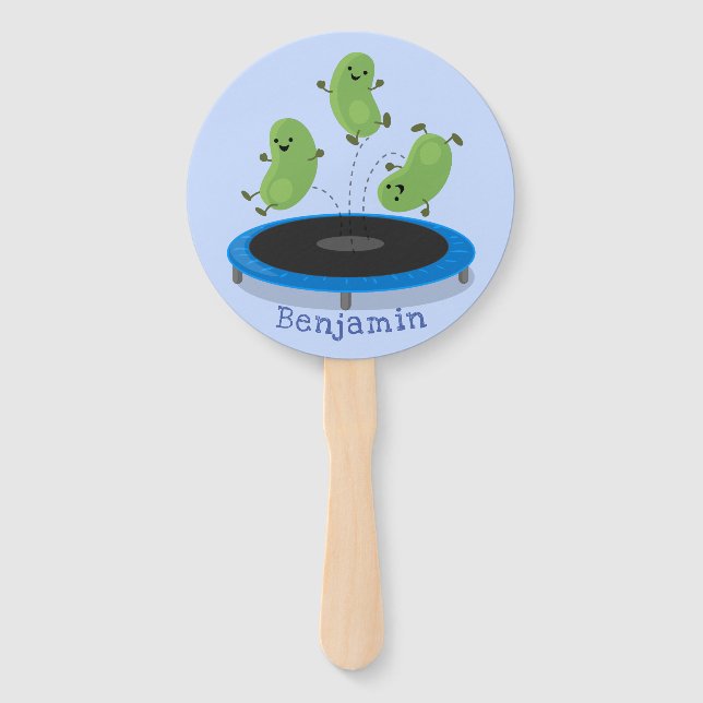 Cute funny green beans on trampoline cartoon hand fan (Front)
