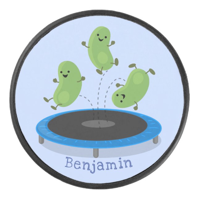 Cute funny green beans on trampoline cartoon hockey puck (Front)