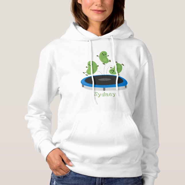 Cute funny green beans on trampoline cartoon hoodie (Front)