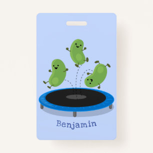 Cute funny green beans on trampoline cartoon ID badge