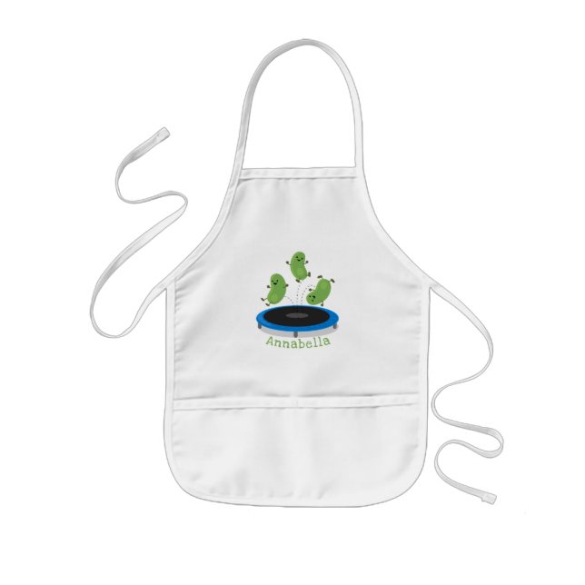 Cute funny green beans on trampoline cartoon kids apron (Front)
