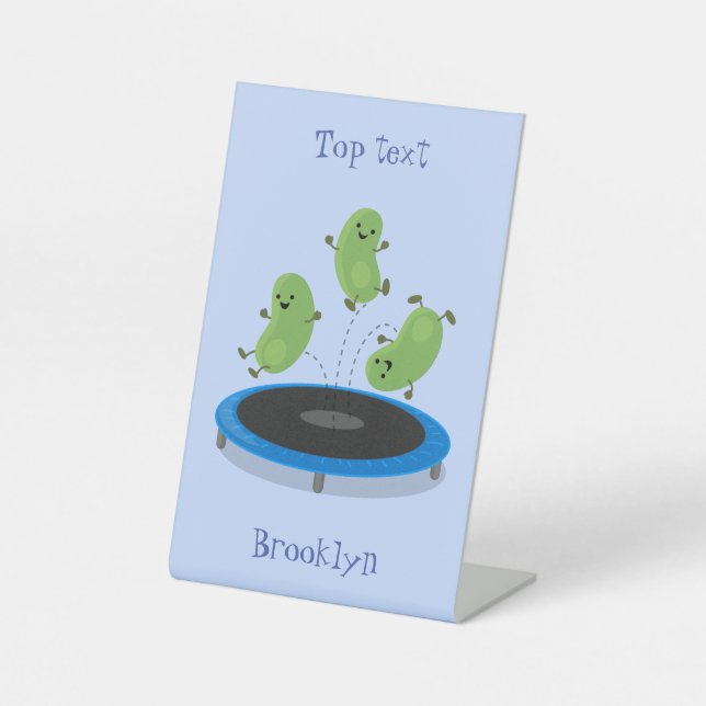 Cute funny green beans on trampoline cartoon pedestal sign (Front)