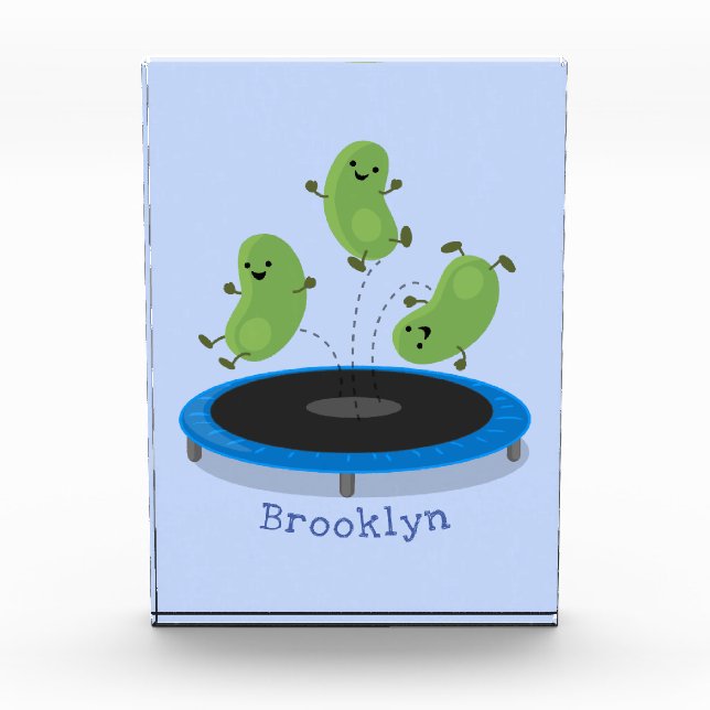 Cute funny green beans on trampoline cartoon photo block (Front)