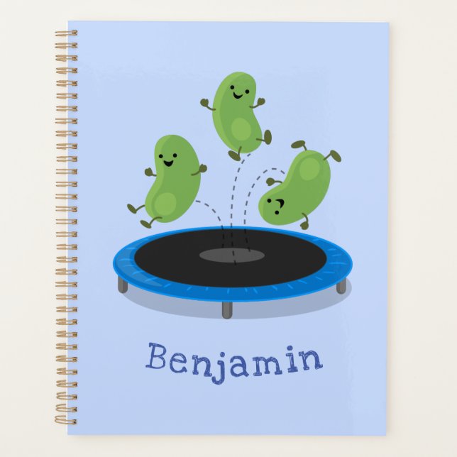 Cute funny green beans on trampoline cartoon planner (Front)