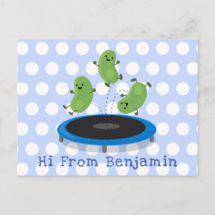 Cute funny green beans on trampoline cartoon postcard