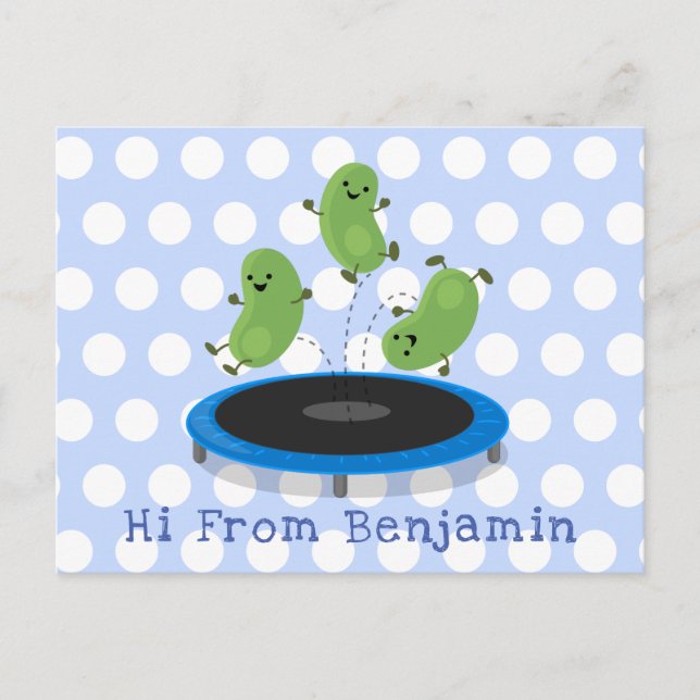 Cute funny green beans on trampoline cartoon postcard (Front)