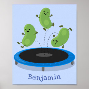 Cute funny green beans on trampoline cartoon poster