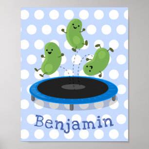 Cute funny green beans on trampoline cartoon poster