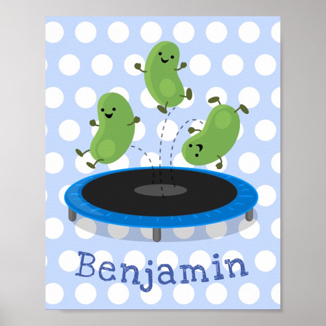 Cute funny green beans on trampoline cartoon poster (Front)