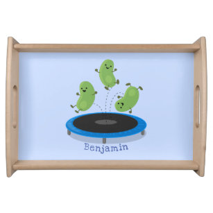 Cute funny green beans on trampoline cartoon serving tray