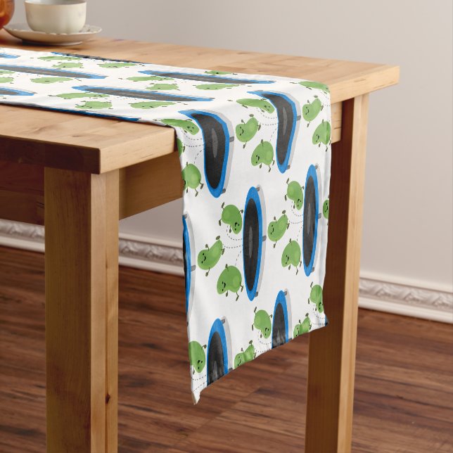 Cute funny green beans on trampoline cartoon short table runner (In Situ)