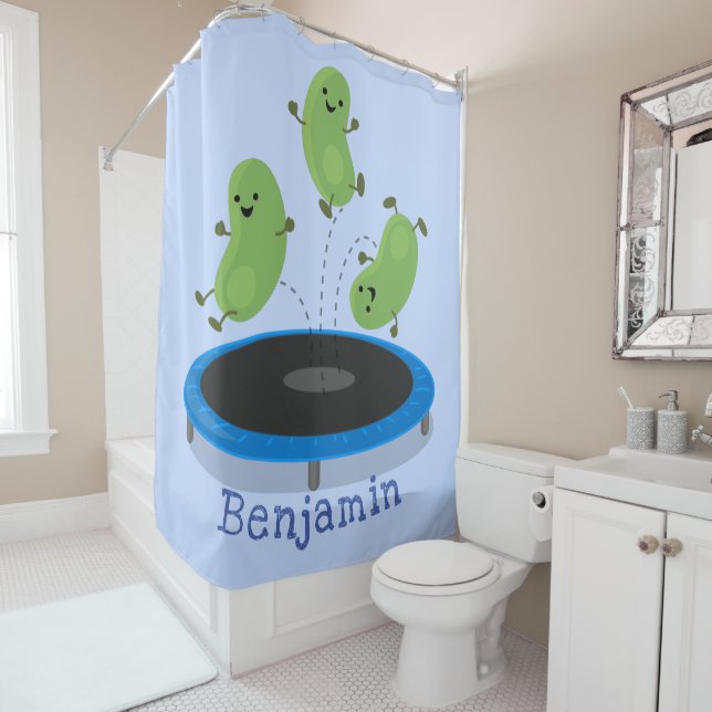 Cute funny green beans on trampoline cartoon shower curtain (In Situ)