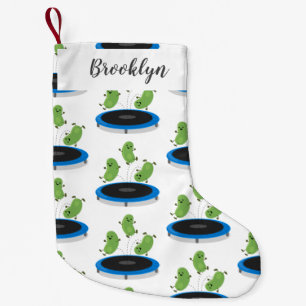 Cute funny green beans on trampoline cartoon small christmas stocking