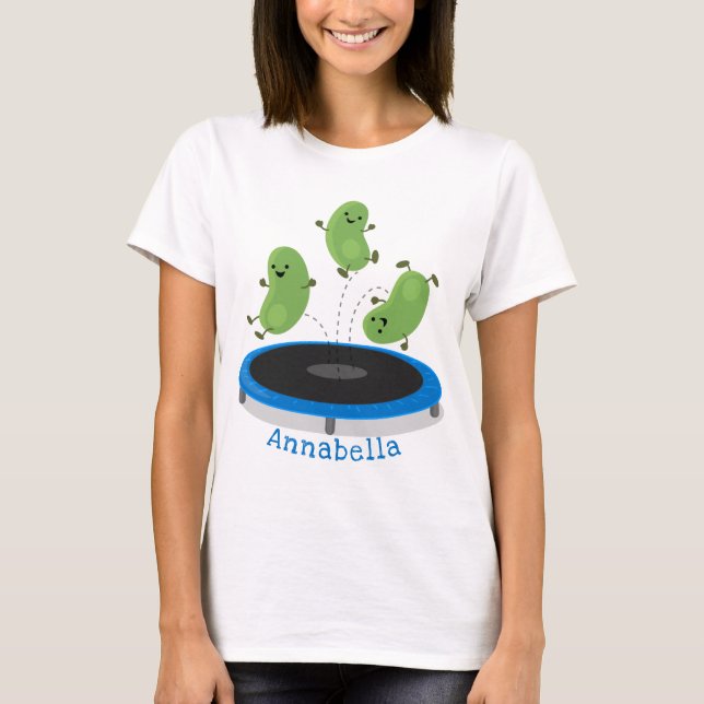 Cute funny green beans on trampoline cartoon T-Shirt (Front)