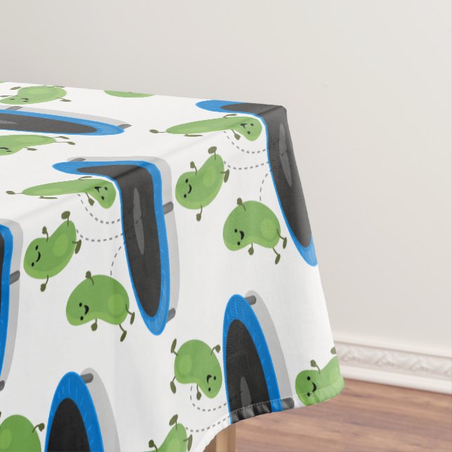 Cute funny green beans on trampoline cartoon tablecloth (In Situ)