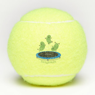 Cute funny green beans on trampoline cartoon tennis balls