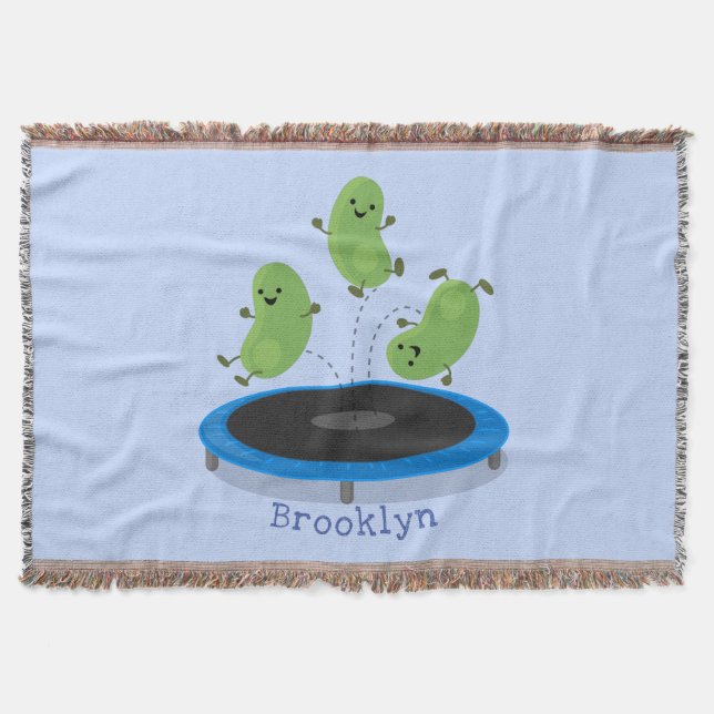 Cute funny green beans on trampoline cartoon throw blanket (Front)