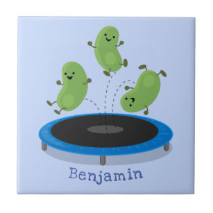 Cute funny green beans on trampoline cartoon tile