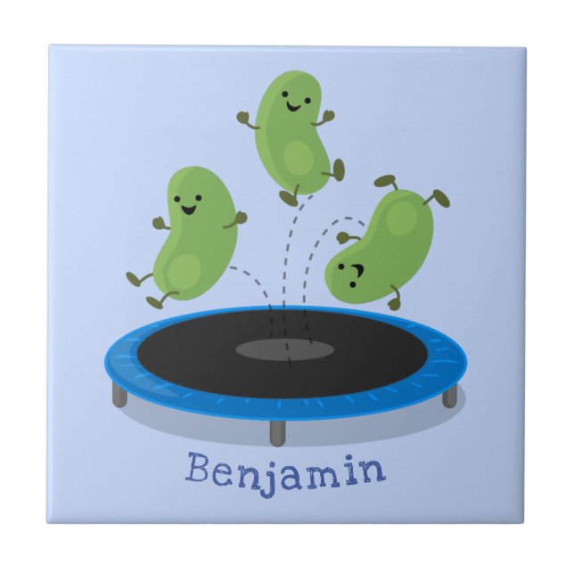 Cute funny green beans on trampoline cartoon tile (Front)