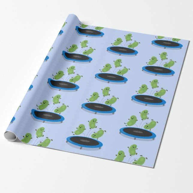 Cute funny green beans on trampoline cartoon wrapping paper (Unrolled)