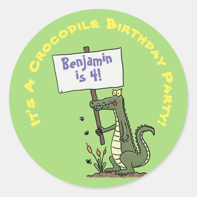 Cute, funny green crocodile humour cartoon classic round sticker (Front)