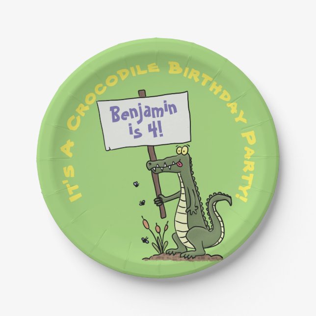 Cute, funny green crocodile humour cartoon paper plate (Front)