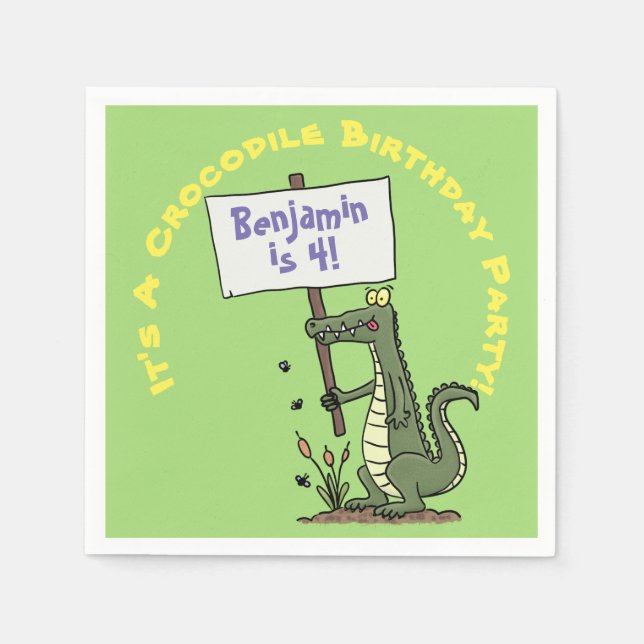 Cute, funny green crocodile smiling humour cartoon napkin (Front)